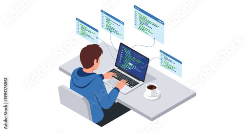 Programmer working on laptop with multiple code windows open.