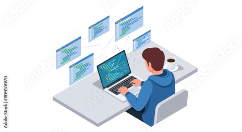 Programmer working on laptop with multiple code windows open.