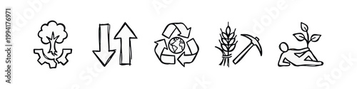 Hand Drawn Environmental Sustainability Icons Including Eco-Industry Recycling Agriculture and Nature