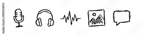 Hand Drawn Multimedia Icons Including Microphone Headphones Sound Wave Picture and Speech Bubble