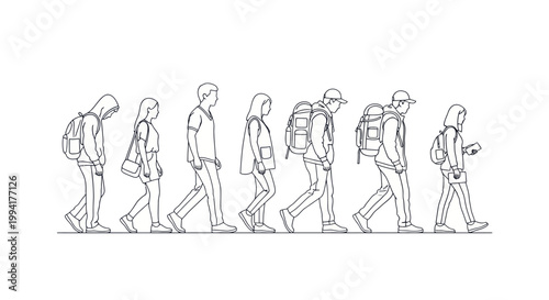 People walking in a line formation.