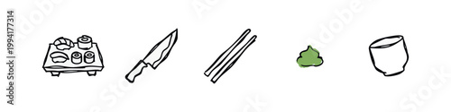 Hand Drawn Sushi and Japanese Food Icons Set with Knife and Chopsticks