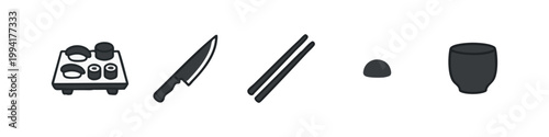 Black and Gray Sushi Food Icon Set Silhouettes