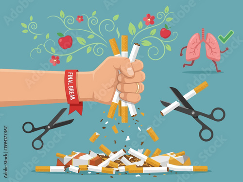 Vector illustration of hand crushing cigarettes for World No Tobacco Day with lungs and scissors