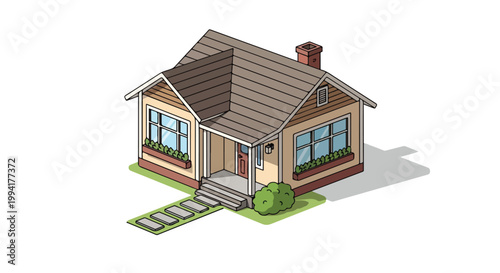 Isometric Small Suburban House Illustration with Garden and Chimney for Real Estate or Game Design