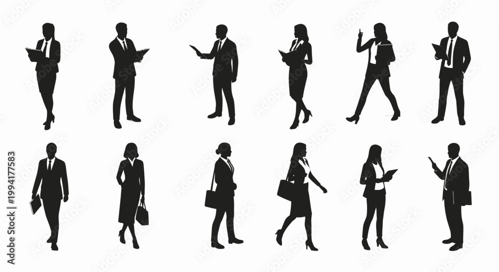 Fototapeta premium silhouettes of business people in suits standing and holding documents for corporate presentation
