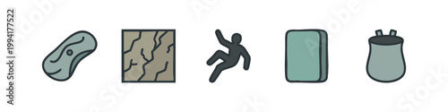 Bouldering and Rock Climbing Gear Icon Set in Flat Color Style