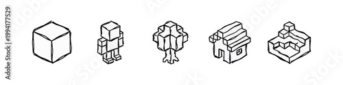 Voxel Art Block Style Icons for Video Games Hand Drawn Sketch Style