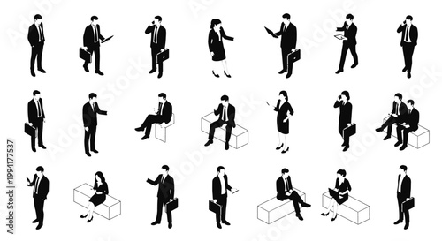 isometric business people in suits with briefcases and phones in various poses