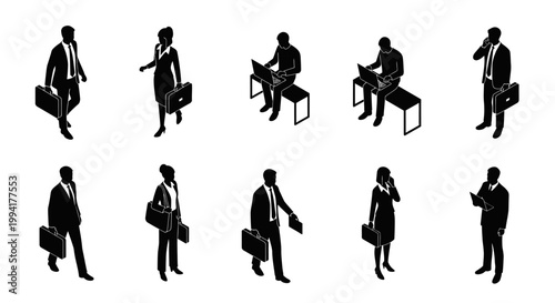 isometric set of business people silhouettes corporate professionals working and commuting vector illustration