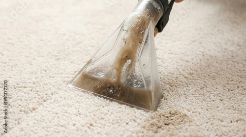 Vacuum cleaning dirty beige carpet, visible stained water in nozzle, closeup, home, hygiene, cleanliness, textile care, maintenance.