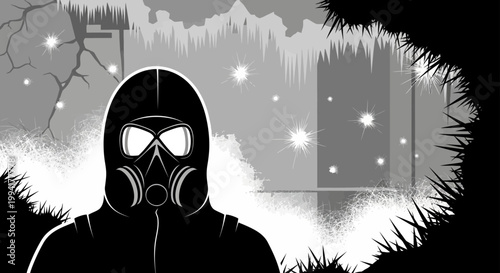 a person in a gas mask in a grim toxic post-apocalyptic environment with asbestos hazards symbolizing environmental disaster and survival.