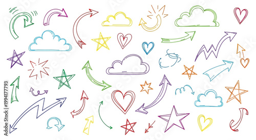 hand drawn doodles sketch elements arrow icons colorful cloud shapes stars and hearts create a playful design pattern on white.
