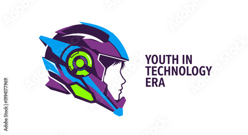 Futuristic young person profile wearing high tech cybernetic helmet for technology era.