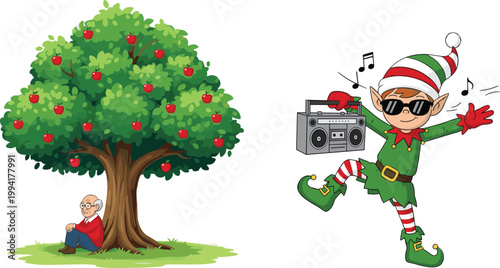 Apple Tree with Falling Fruits and Boy Sitting Under Tree with Funny Dancing Elf Character, Christmas Holiday Scene, Nature and Festive Cartoon Illustration
