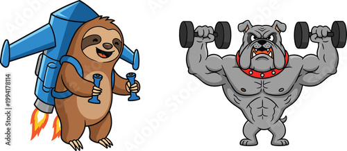 Funny Animal Fitness Cartoon Illustration with Strong Bulldog Lifting Weights and Cute Sloth Using Rocket Pack and Dumbbells for Workout Concept Design