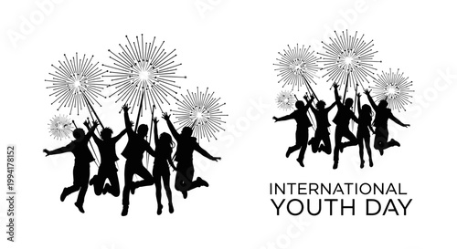 International Youth Day celebration featuring silhouettes of jumping people and fireworks.
