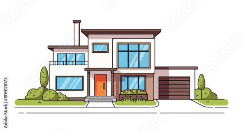 Modern Suburban House Vector Illustration with Large Windows Garage and Minimalist Contemporary Architecture for Real Estate and Housing