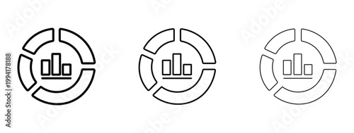 Minimalist data visualization icons, set of 3 circular donut charts with bar graph centers, black line art business analytics symbols for reports