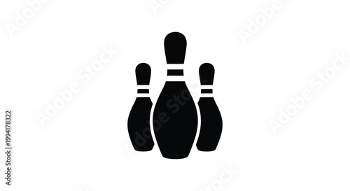 A minimalist depiction of four bowling pins standing upright rendered in a stark black color as a silhouette