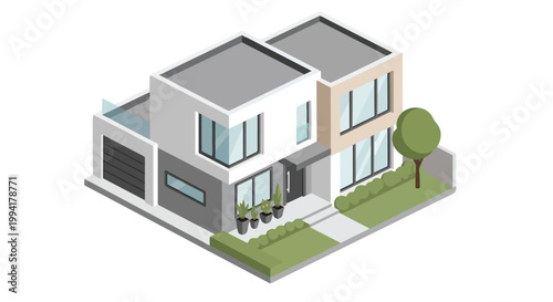 Modern Isometric Two-Story Villa House with Garage and Garden Landscape. Contemporary Architectural Building Vector for Real Estate and Living.