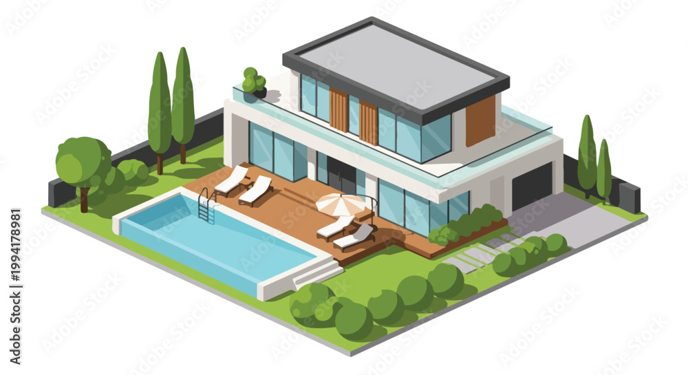 Fototapeta premium Modern Isometric Luxury Villa House with Swimming Pool and Garden Landscape Illustration