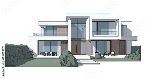 Modern Luxury Villa Architectural Vector Illustration with Contemporary Minimalist Design and Large Glass Windows