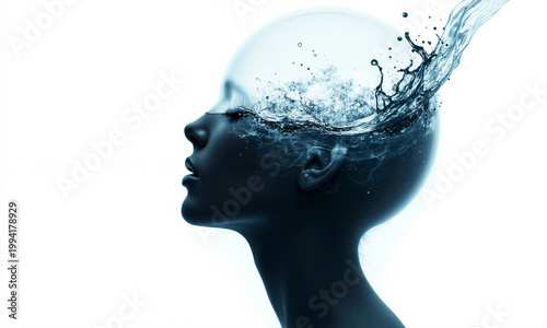 Water splash catharsis depicts emotional release using a conceptual profile of a glass human head vessel with copy space