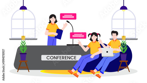 Speakers addressing a press conference from a podium with microphones in front of an audience and media staff