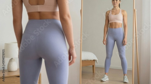 Young woman in  leggings and sports bra standing in front of bedroom mirror, fitness clothing, modern home, active, self-care, healthy lifestyle.