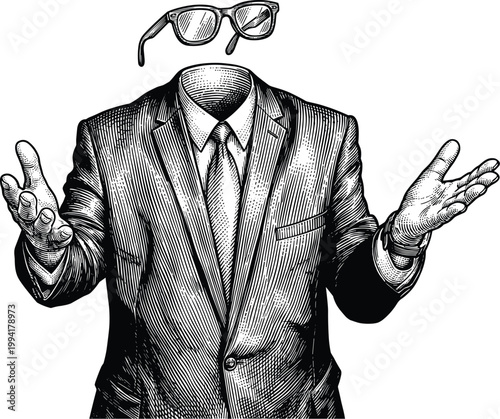 Invisible man wearing suit and glasses gesturing with hands.