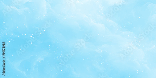 An abstract blue watercolor background features soft winter textures of white clouds and frosty snowflakes reminiscent of a cold sky and frozen water surface