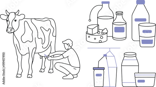 Dairy Farm Life: Milking Cow and Assorted Dairy Products