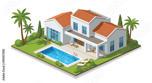 Isometric Modern Luxury Villa House with Swimming Pool Tropical Garden and Palm Trees Architectural Vector Illustration