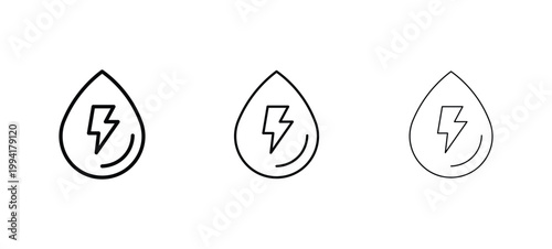 Minimalist energy water drop icons, lightning bolt liquid droplet symbols, sustainable hydro power vector set in three line weights