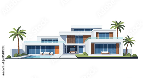 Modern Luxury Villa with Swimming Pool and Palm Trees Vector Illustration, Contemporary Mansion House Exterior Design on White Background
