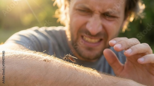Man wincing as mosquito bites his arm in bright sunlight, outdoors, closeup, discomfort, summer, risk, nature, insect.