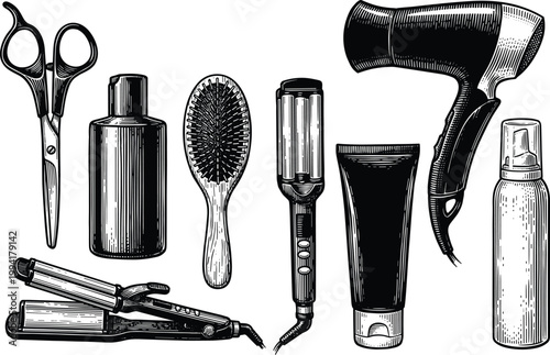 Hairdresser tools vintage illustration with scissors dryer brush and iron.