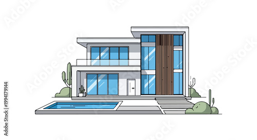 Modern Luxury Villa House with Swimming Pool and Large Glass Windows Vector Illustration