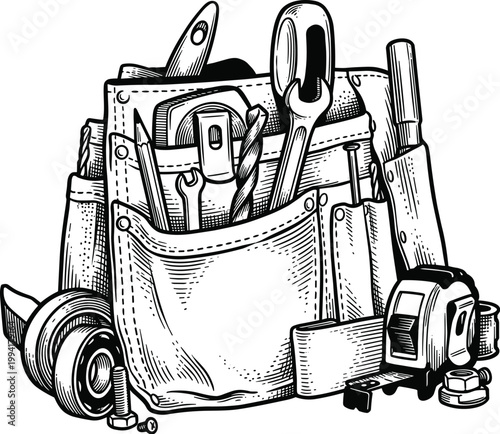 Carpenter tool belt full of various hand tools and supplies.