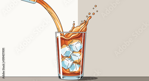 Cold beverage pouring into glass with ice cubes vector illustration