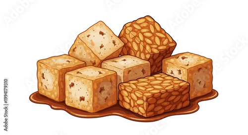 Fresh Raw Tofu and Tempeh Indonesian Food Ingredients Illustration