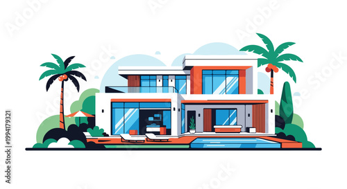 Modern Luxury Villa with Swimming Pool and Palm Trees Vector Illustration. Contemporary Mansion Exterior House Design for Real Estate and Vacation.
