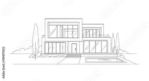 Modern Luxury Villa House Architecture Line Art Illustration Minimalist Exterior Design Sketch