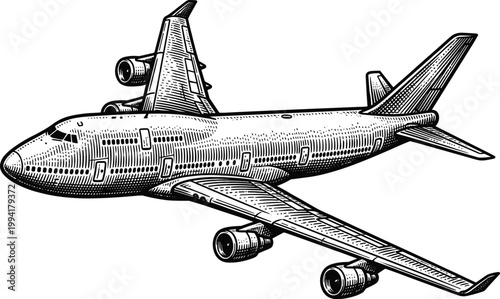 Vintage airliner airplane flying in sky retro illustration.