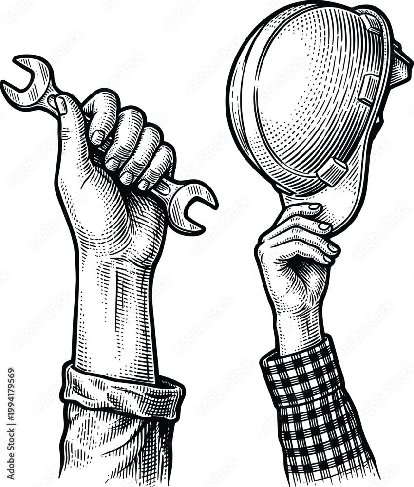 Fototapeta premium Worker hands holding wrench and hard hat safety helmet in etch style.