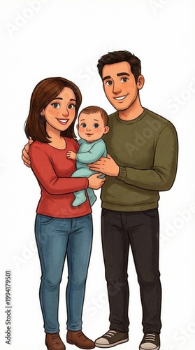 3D cartoon portrait of young family, man, woman holding baby in blue pajamas, smiling, casual clothes, white background, togetherness, parenting, happiness.