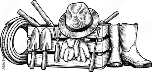Gardening tools in wooden crate with hat boots and hose vintage art.