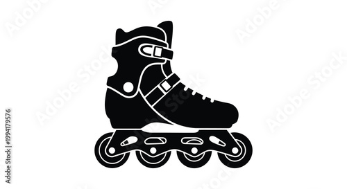 A stark black silhouette depicts a single inline roller skate with detailed buckle and wheel features silhouette high quality