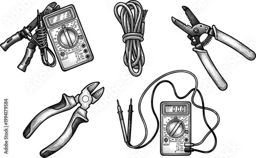 Electrical engineering tools and testing devices set vintage style.